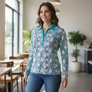 KYODAN Floral Long Sleeve Green Tropical Print Golf Polo Shirt Top Large Stretch